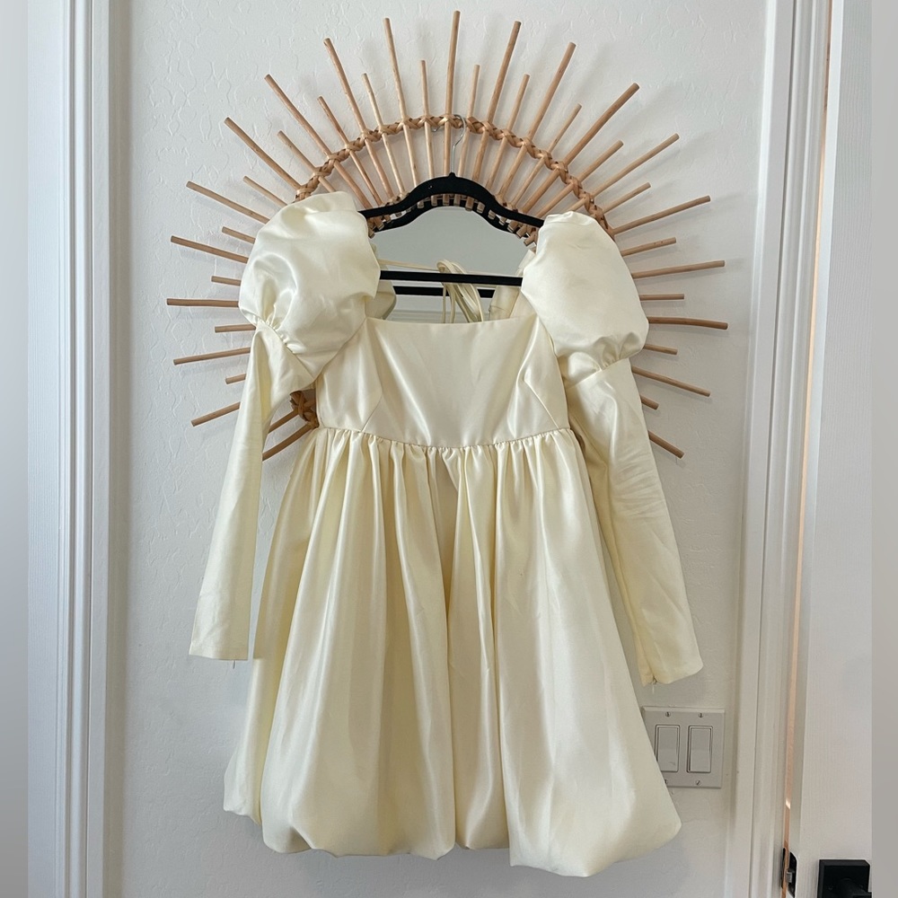 Ivory Puff-Sleeve Mini Dress - Elegant Square Neck
